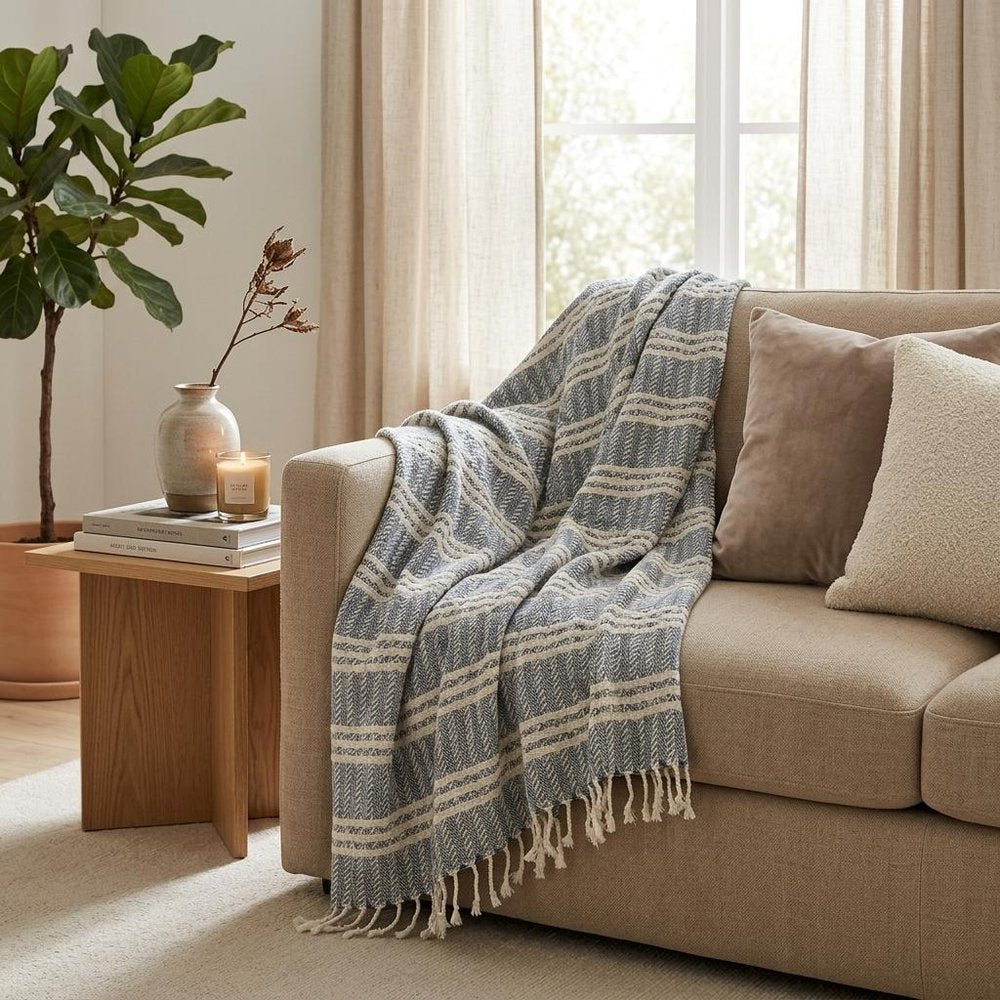 Blue Woven 100% Cotton Throw Blanket HomeRoots