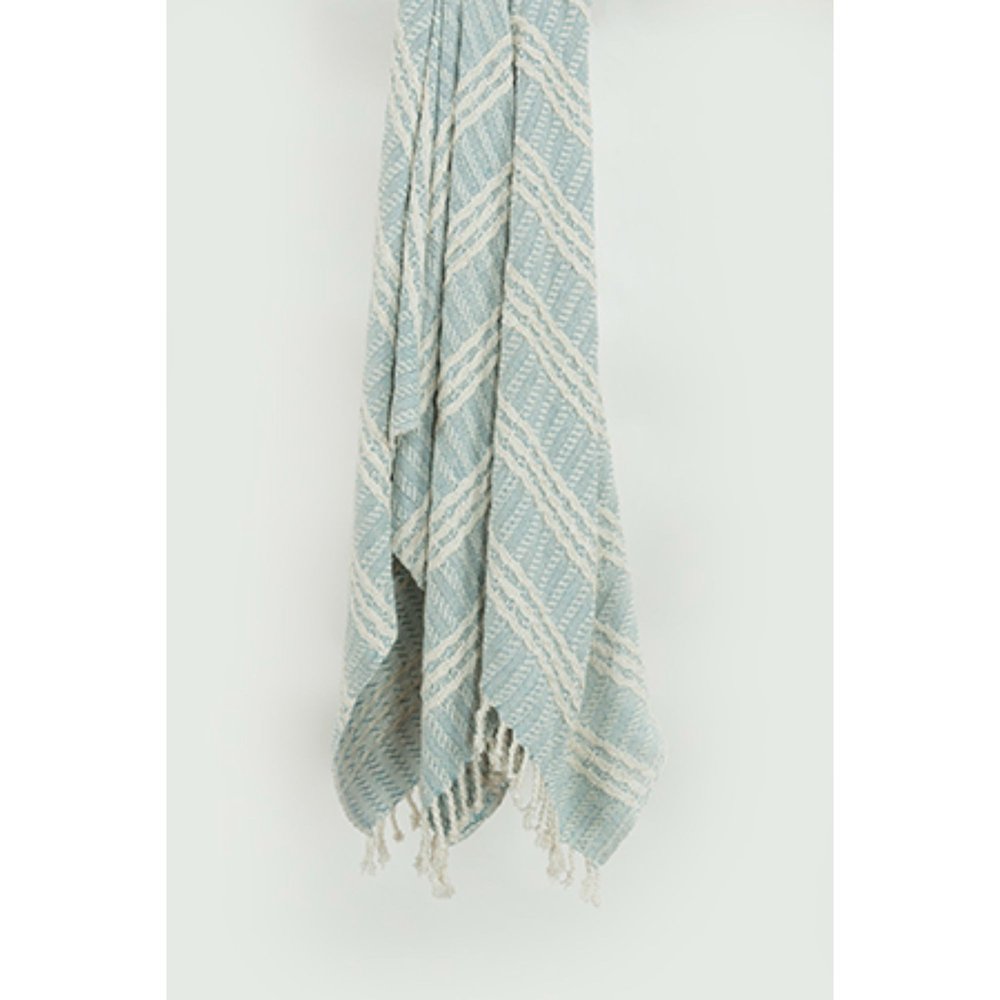 50" X 60" Light Blue And Ivory Striped Cotton Throw Blanket with Fringe HomeRoots