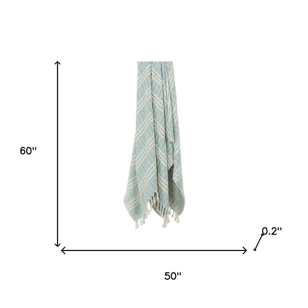 50" X 60" Light Blue And Ivory Striped Cotton Throw Blanket with Fringe HomeRoots