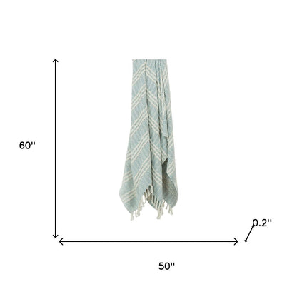 50" X 60" Light Blue And Ivory Striped Cotton Throw Blanket with Fringe HomeRoots