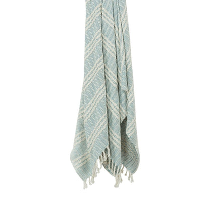 50" X 60" Light Blue And Ivory Striped Cotton Throw Blanket with Fringe HomeRoots