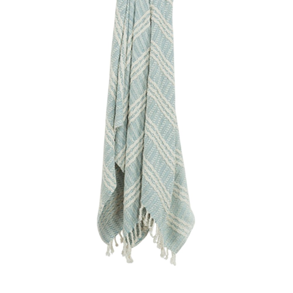 50" X 60" Light Blue And Ivory Striped Cotton Throw Blanket with Fringe HomeRoots
