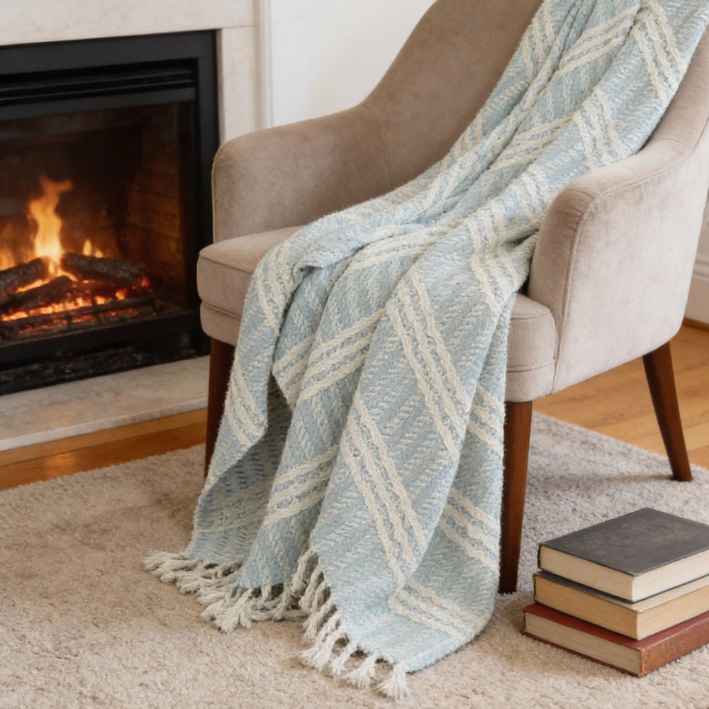 50" X 60" Light Blue And Ivory Striped Cotton Throw Blanket with Fringe HomeRoots
