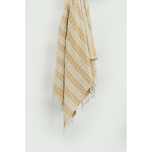 50" X 60" Gold And Ivory Striped Cotton Throw Blanket with Fringe HomeRoots