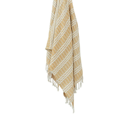 50" X 60" Gold And Ivory Striped Cotton Throw Blanket with Fringe HomeRoots