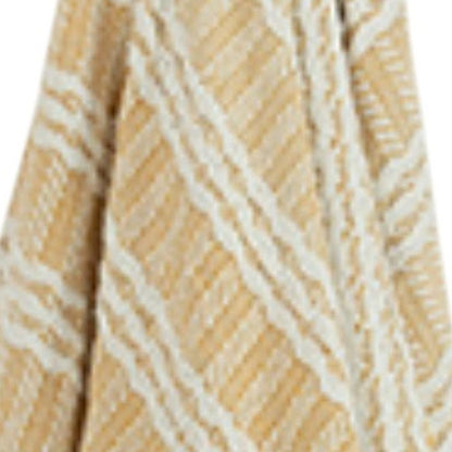 50" X 60" Gold And Ivory Striped Cotton Throw Blanket with Fringe HomeRoots