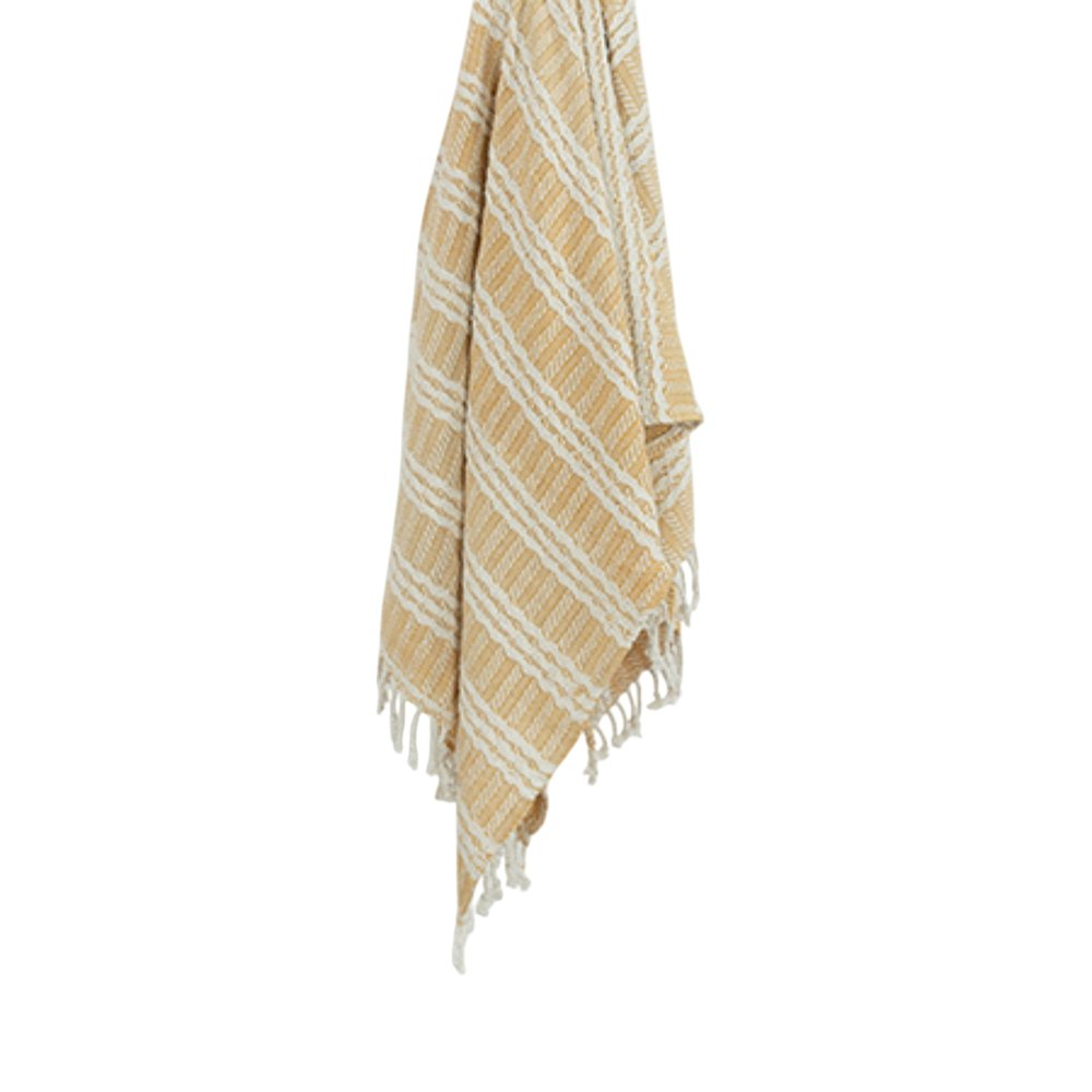 50" X 60" Gold And Ivory Striped Cotton Throw Blanket with Fringe HomeRoots