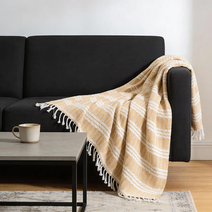 50" X 60" Gold And Ivory Striped Cotton Throw Blanket with Fringe HomeRoots