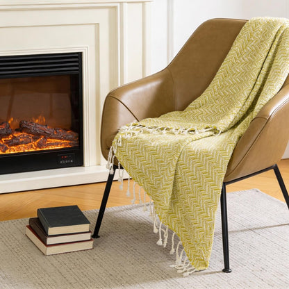 50" X 60" Green Cotton Woven Chevron Throw Blanket with Fringe HomeRoots