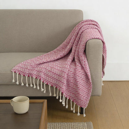 50" X 60" Hot Pink Cotton Woven Chevron Throw Blanket with Fringe HomeRoots