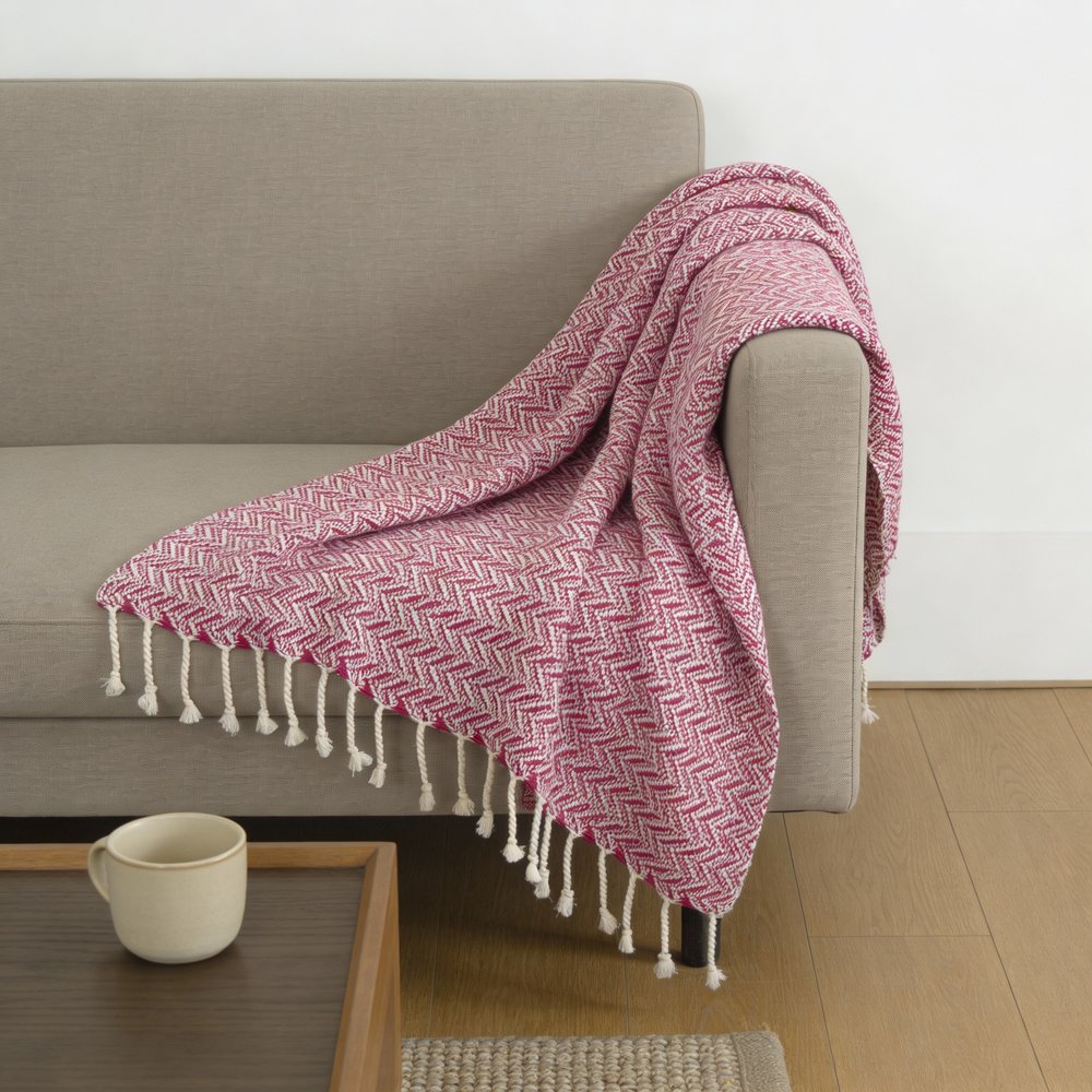 50" X 60" Hot Pink Cotton Woven Chevron Throw Blanket with Fringe HomeRoots