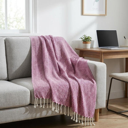 50" X 60" Hot Pink Cotton Woven Chevron Throw Blanket with Fringe HomeRoots