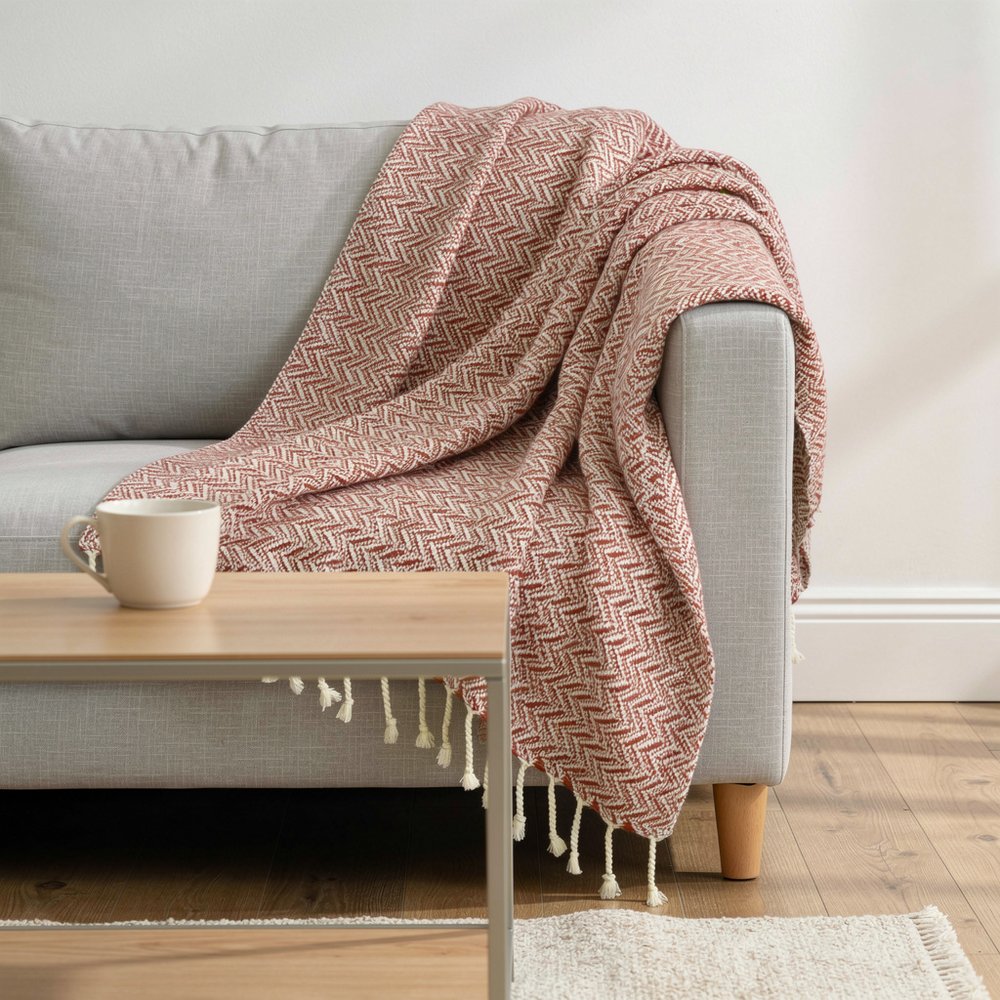 50" X 60" Red Cotton Woven Chevron Throw Blanket with Fringe HomeRoots