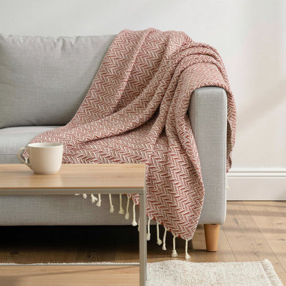 50" X 60" Red Cotton Woven Chevron Throw Blanket with Fringe HomeRoots