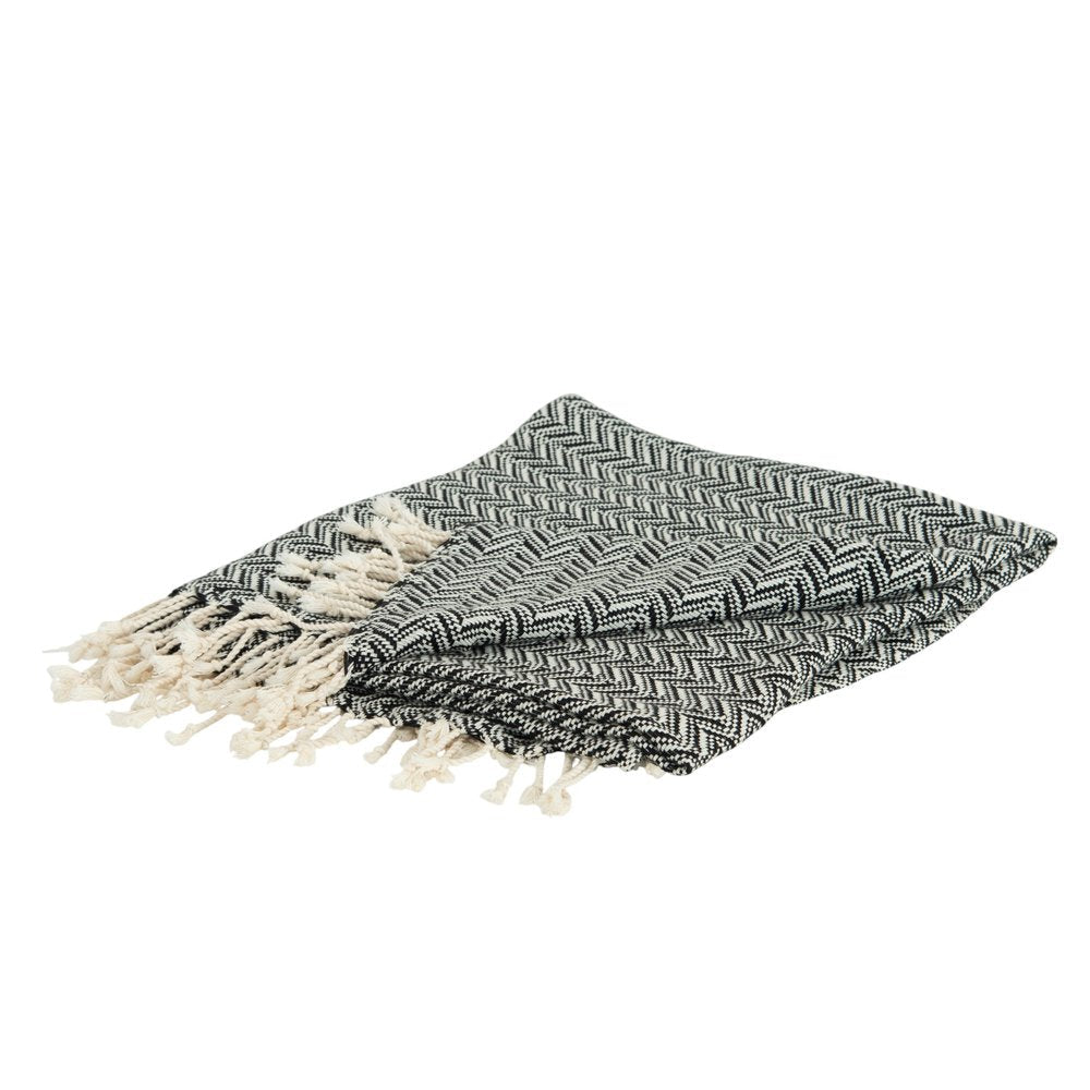 50" X 60" Black And Ivory Chevron Cotton Throw Blanket with Fringe HomeRoots