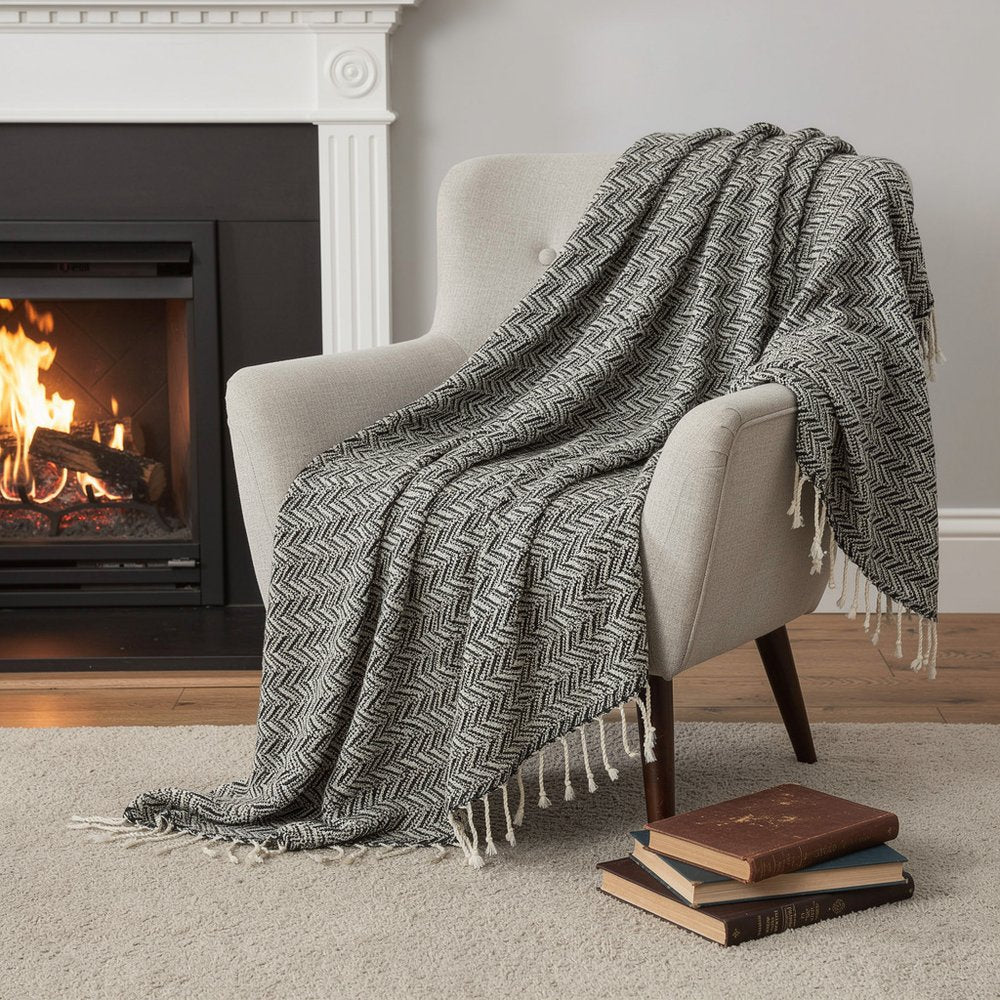 50" X 60" Black And Ivory Chevron Cotton Throw Blanket with Fringe HomeRoots