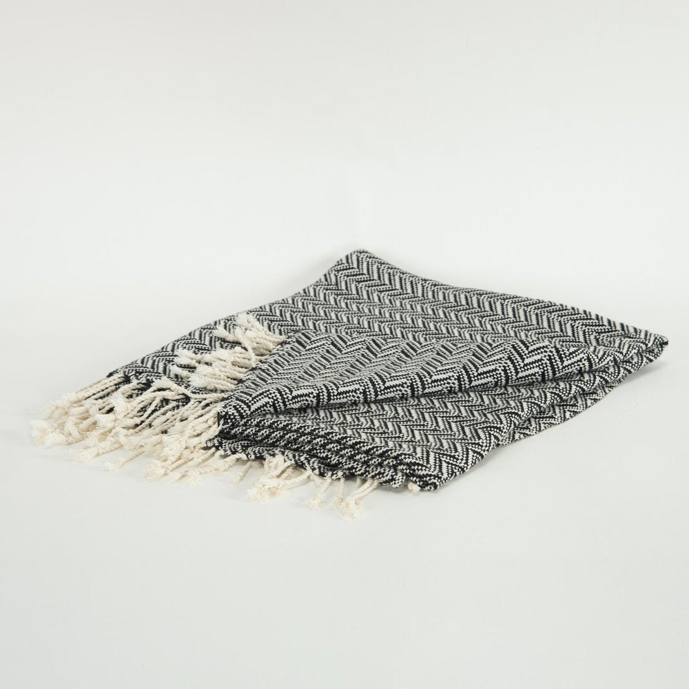 50" X 60" Black And Ivory Chevron Cotton Throw Blanket with Fringe HomeRoots