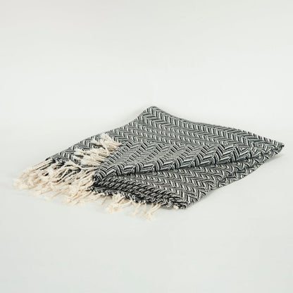50" X 60" Black And Ivory Chevron Cotton Throw Blanket with Fringe HomeRoots