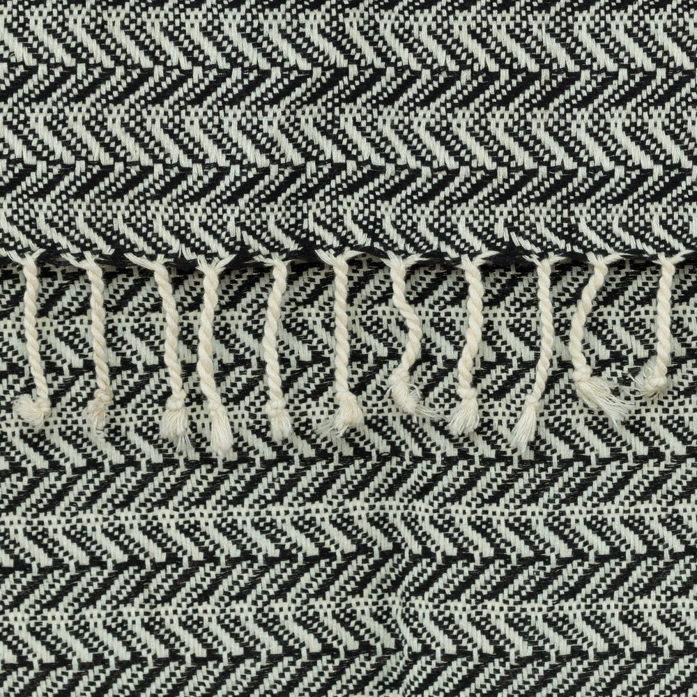 50" X 60" Black And Ivory Chevron Cotton Throw Blanket with Fringe HomeRoots
