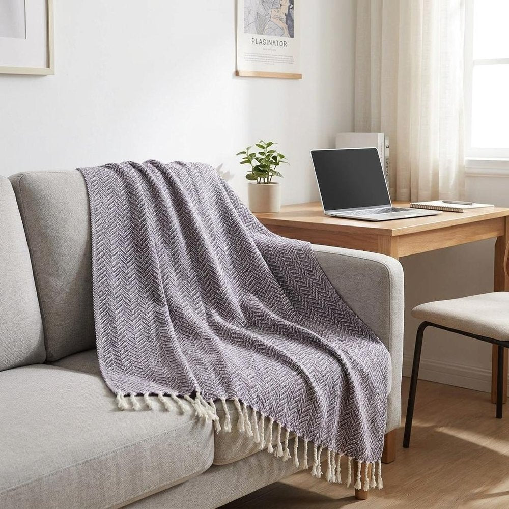 50" X 60" Purple Cotton Woven Chevron Throw Blanket with Fringe HomeRoots