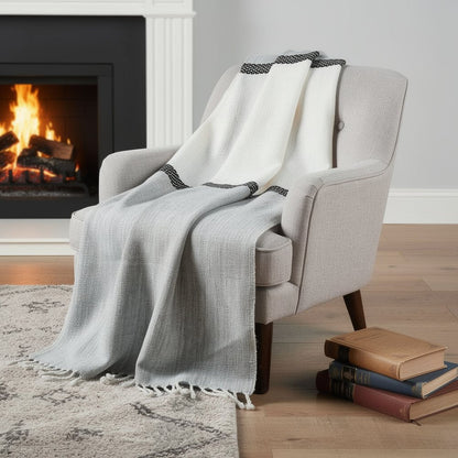 50" X 60" Gray Cotton Woven Color Block Throw Blanket with Fringe HomeRoots