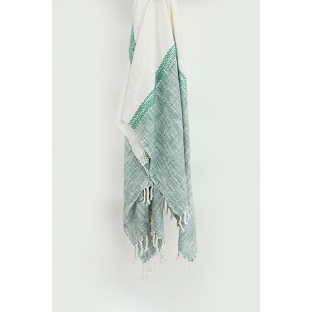 50" X 60" Teal Blue And Ivory Color Block Cotton Throw Blanket with Fringe HomeRoots
