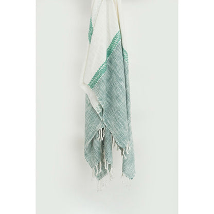 50" X 60" Teal Blue And Ivory Color Block Cotton Throw Blanket with Fringe HomeRoots
