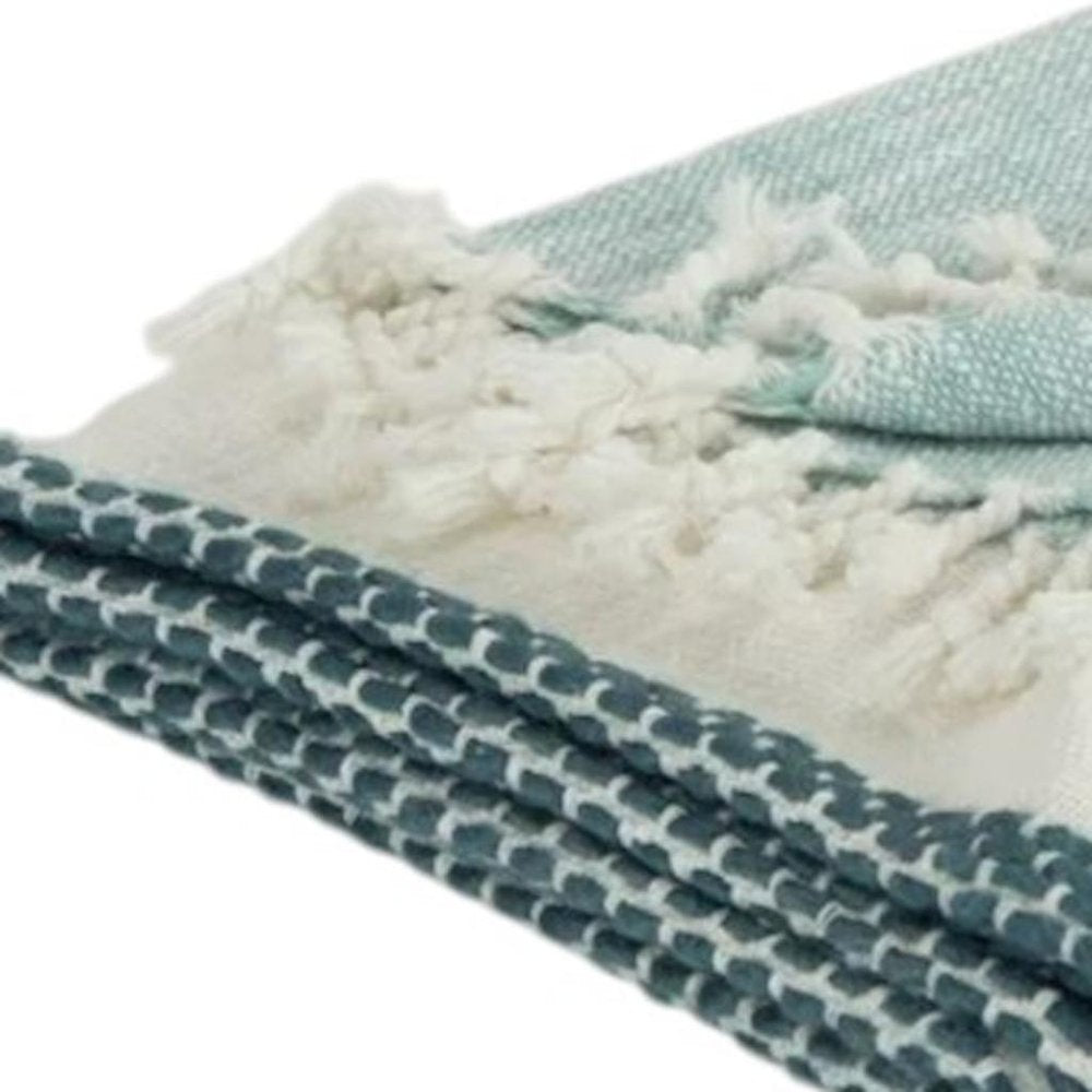 50" X 60" Teal Blue And Ivory Color Block Cotton Throw Blanket with Fringe HomeRoots