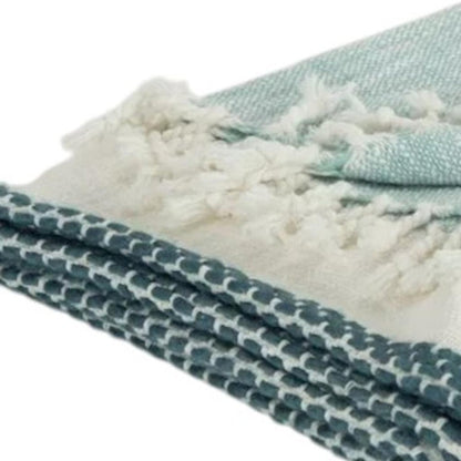 50" X 60" Teal Blue And Ivory Color Block Cotton Throw Blanket with Fringe HomeRoots