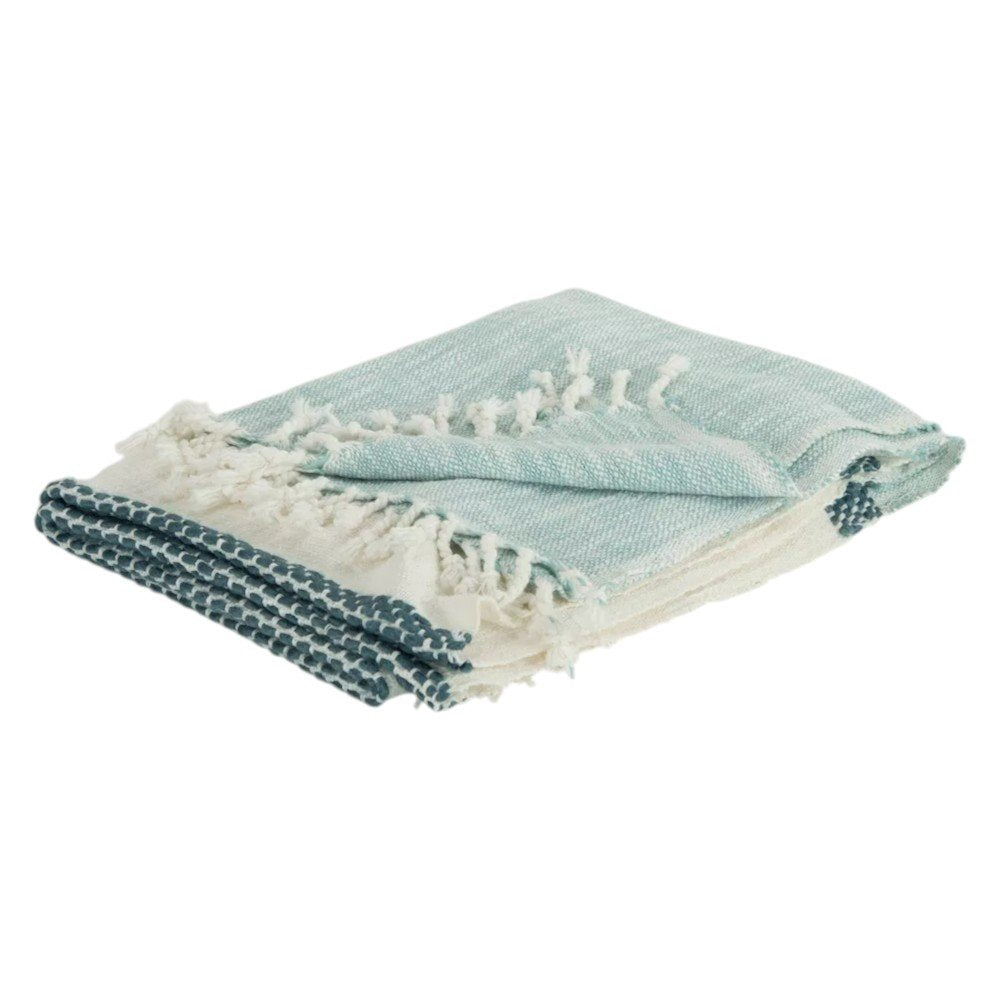 50" X 60" Teal Blue And Ivory Color Block Cotton Throw Blanket with Fringe HomeRoots