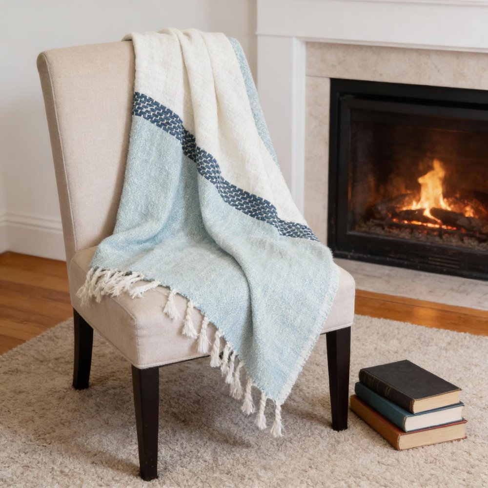 50" X 60" Teal Blue And Ivory Color Block Cotton Throw Blanket with Fringe HomeRoots