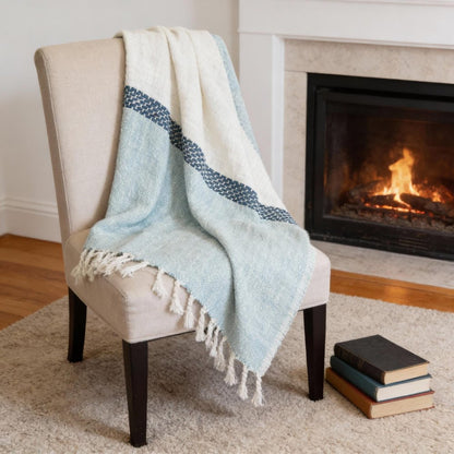 50" X 60" Teal Blue And Ivory Color Block Cotton Throw Blanket with Fringe HomeRoots