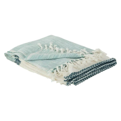 50" X 60" Teal Blue And Ivory Color Block Cotton Throw Blanket with Fringe HomeRoots