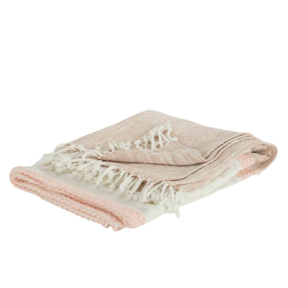 50" X 60" Blush Cotton Woven Color Block Throw Blanket with Fringe HomeRoots