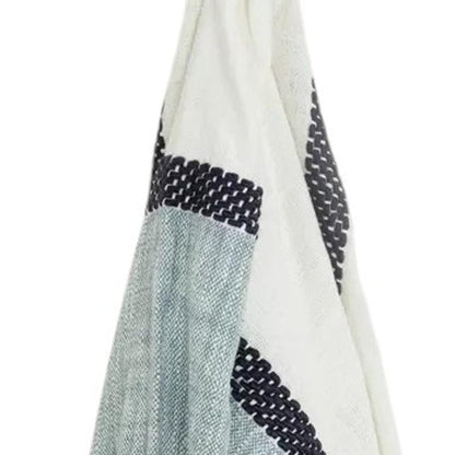 50" X 60" Blue And Ivory Cotton Woven Color Block Throw Blanket with Fringe HomeRoots