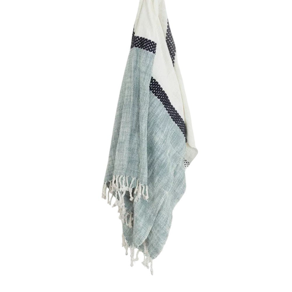50" X 60" Blue And Ivory Cotton Woven Color Block Throw Blanket with Fringe HomeRoots
