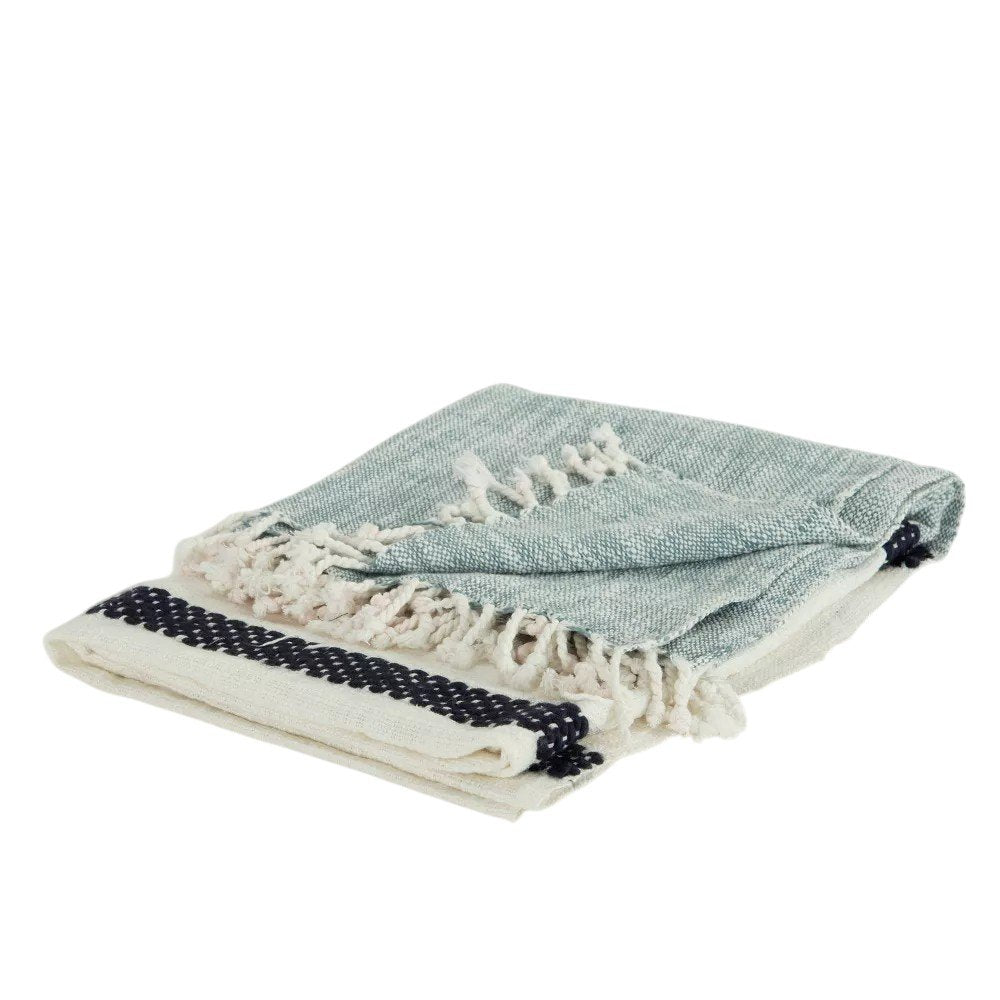 50" X 60" Blue And Ivory Cotton Woven Color Block Throw Blanket with Fringe HomeRoots