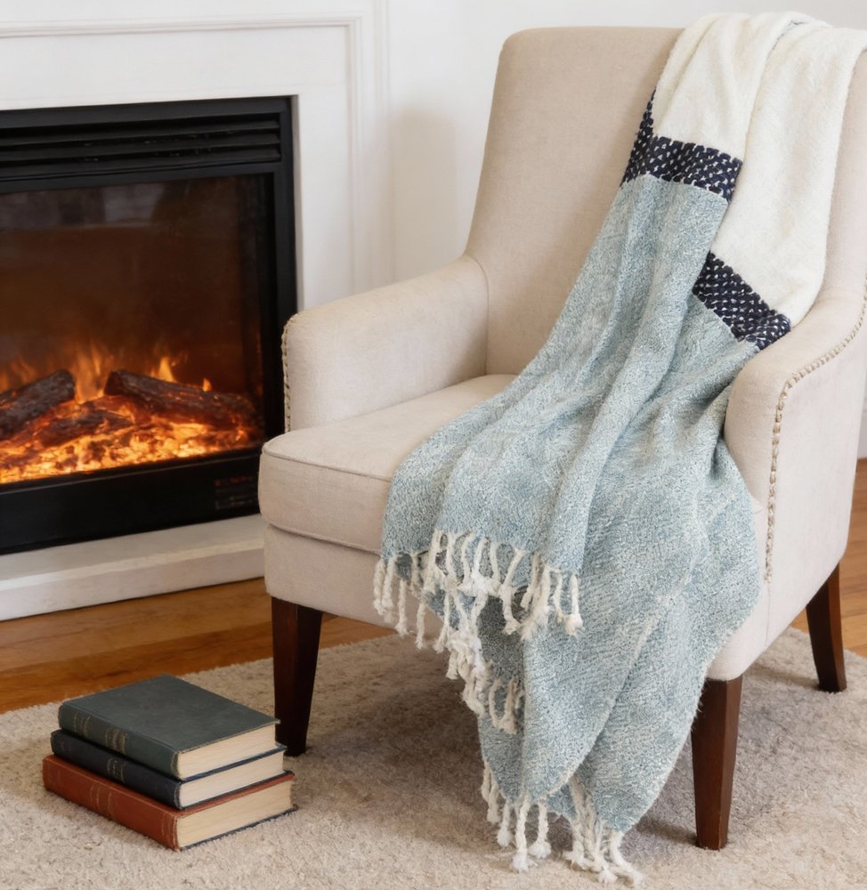 50" X 60" Blue And Ivory Cotton Woven Color Block Throw Blanket with Fringe HomeRoots