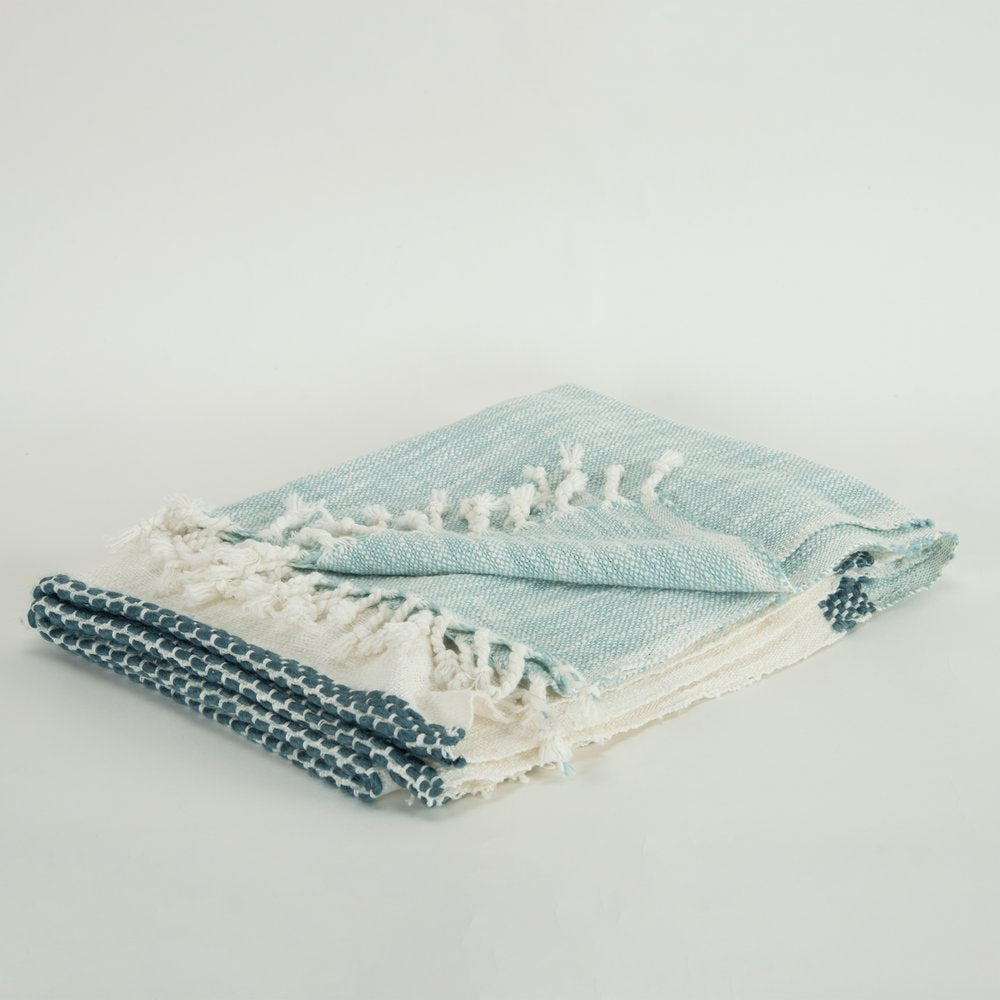 50" X 60" Blue Cotton Woven Color Block Throw Blanket with Fringe HomeRoots