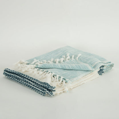 50" X 60" Blue Cotton Woven Color Block Throw Blanket with Fringe HomeRoots