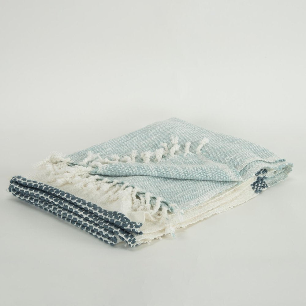50" X 60" Blue Cotton Woven Color Block Throw Blanket with Fringe HomeRoots