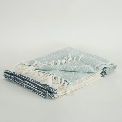 50" X 60" Blue Cotton Woven Color Block Throw Blanket with Fringe HomeRoots