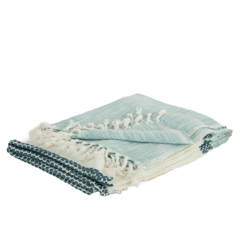 50" X 60" Blue Cotton Woven Color Block Throw Blanket with Fringe HomeRoots