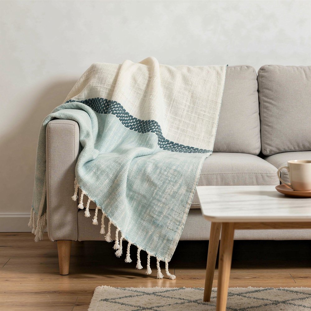 50" X 60" Blue Cotton Woven Color Block Throw Blanket with Fringe HomeRoots