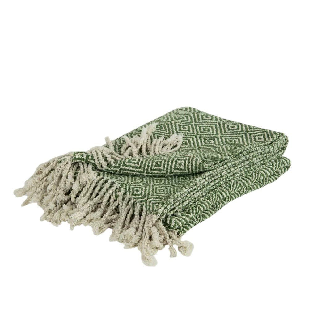50" X 60" Green Cotton Woven Geometric Throw Blanket with Fringe HomeRoots