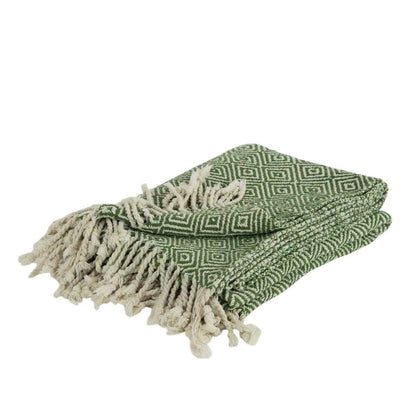 50" X 60" Green Cotton Woven Geometric Throw Blanket with Fringe HomeRoots