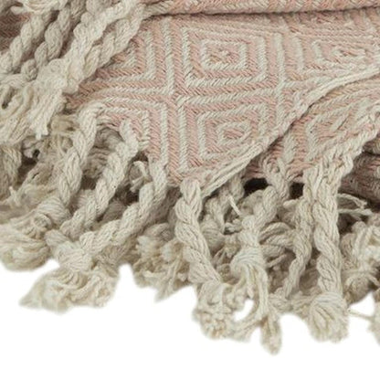 50" X 60" Blush Cotton Woven Geometric Throw Blanket with Fringe HomeRoots