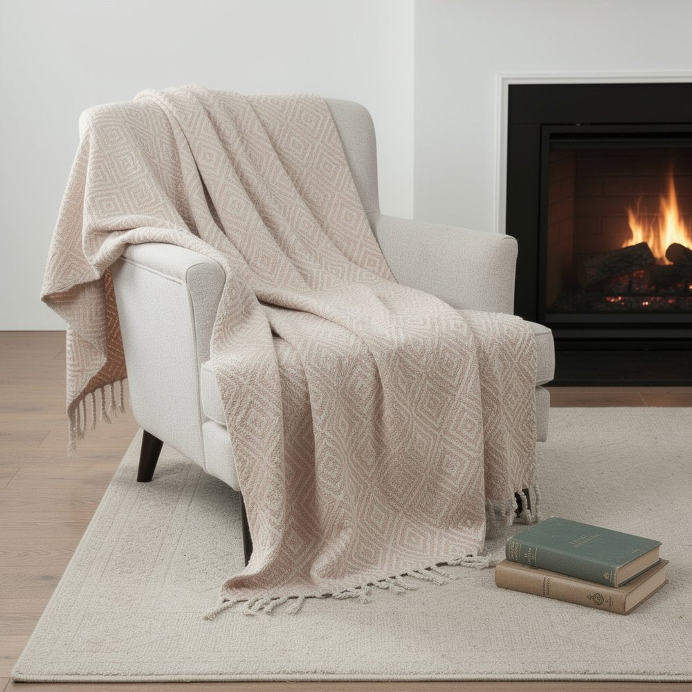 50" X 60" Blush Cotton Woven Geometric Throw Blanket with Fringe HomeRoots