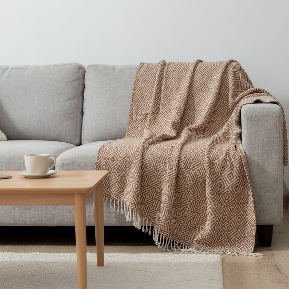 50" X 60" Brown Cotton Woven Geometric Throw Blanket with Fringe HomeRoots