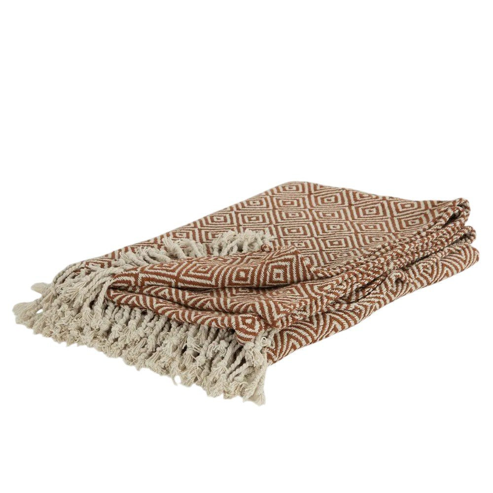 50" X 60" Brown Cotton Woven Geometric Throw Blanket with Fringe HomeRoots